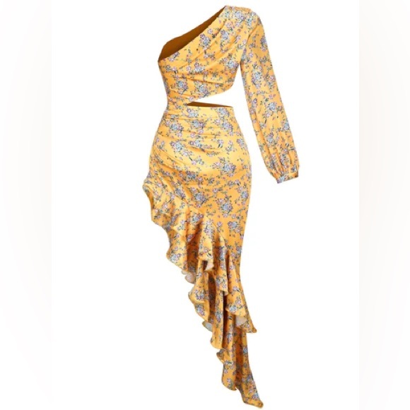 Aiyana One Shoulder Summer Floral Maxi Dress In Yellow - Picture 6 of 8